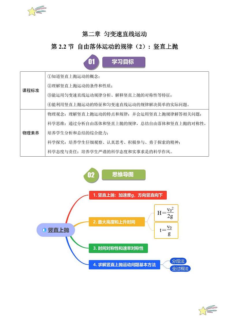 第2.2节 自由落体运动的规律（2）：竖直上抛（含答案） 2024-2025学年高一物理同步学与练（沪科版2020上海必修第一册）01