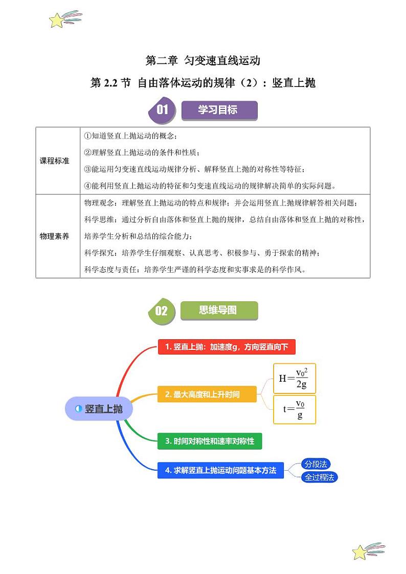 第2.2节 自由落体运动的规律（2）：竖直上抛（含答案） 2024-2025学年高一物理同步学与练（沪科版2020上海必修第一册）01