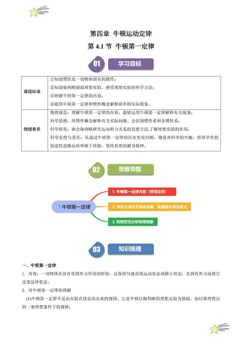 第4.1节 牛顿第一定律（含答案） 2024-2025学年高一物理同步学与练（沪科版2020上海必修第一册）01
