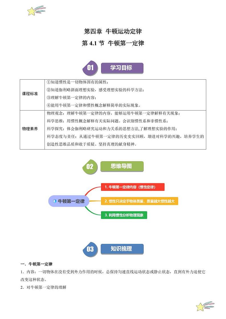 第4.1节 牛顿第一定律（含答案） 2024-2025学年高一物理同步学与练（沪科版2020上海必修第一册）01