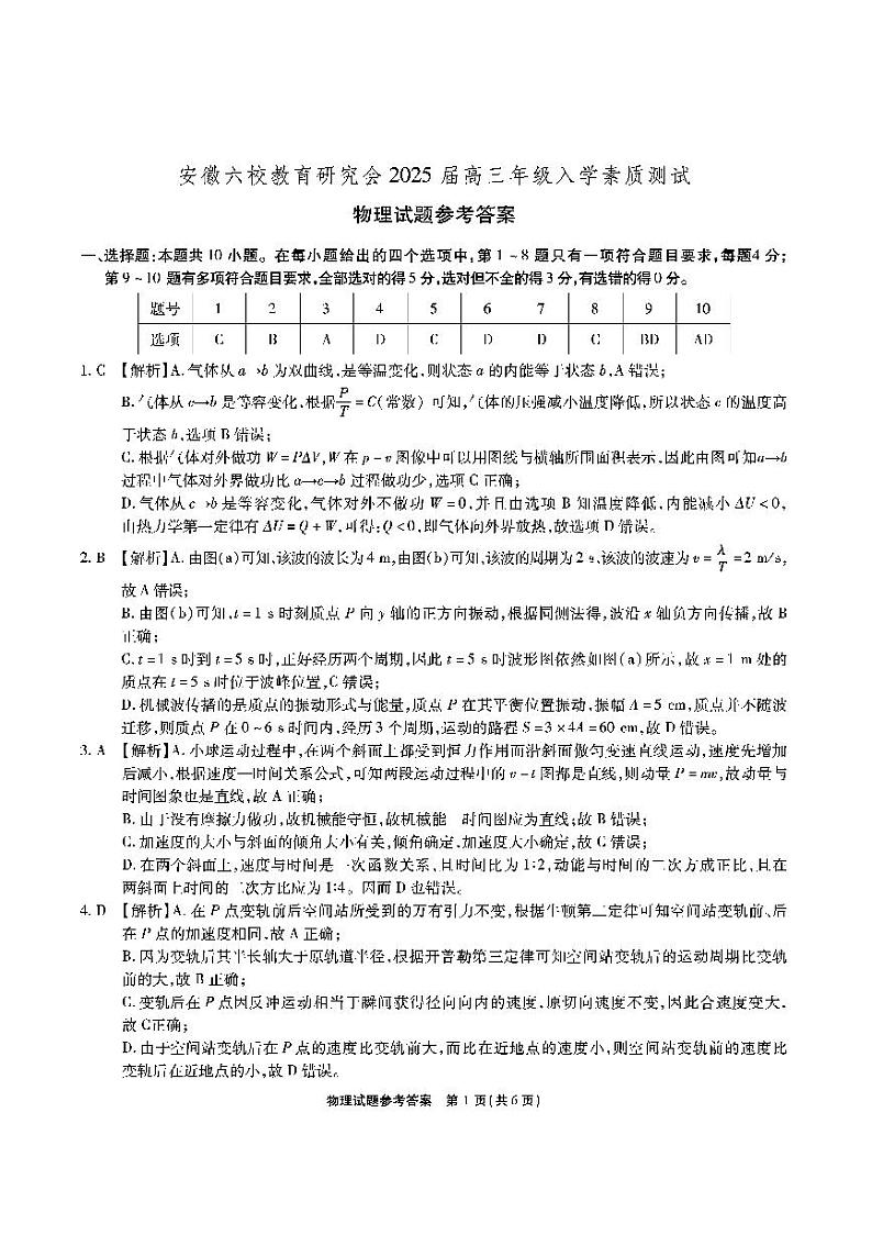 2025届安徽六校教育研究会高三9月入学考试物理试卷+答案01