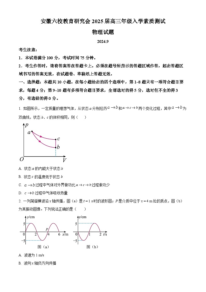 安徽省六校教育研究会2024-2025学年高三上学期9月入学考试物理试卷（原卷版）第1页