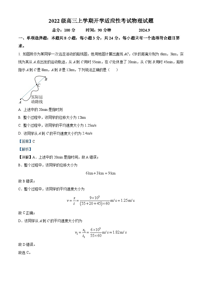 山东省东明县第一中学2025届高三上学期开学考试物理试题 word版含解析第1页