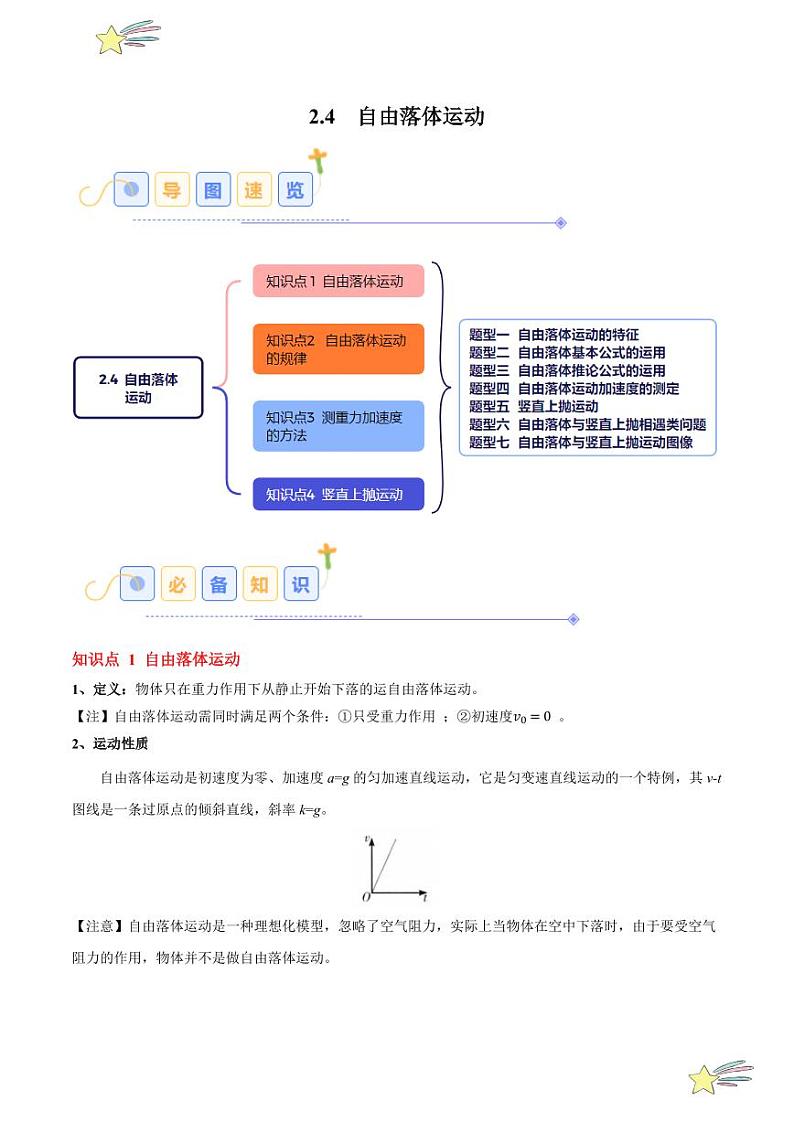 2.4 自由落体运动（7大题型）-2024-2025学年高一上学期物理同步题型分类讲与练（人教版2019必修第一册）（教师版）第1页