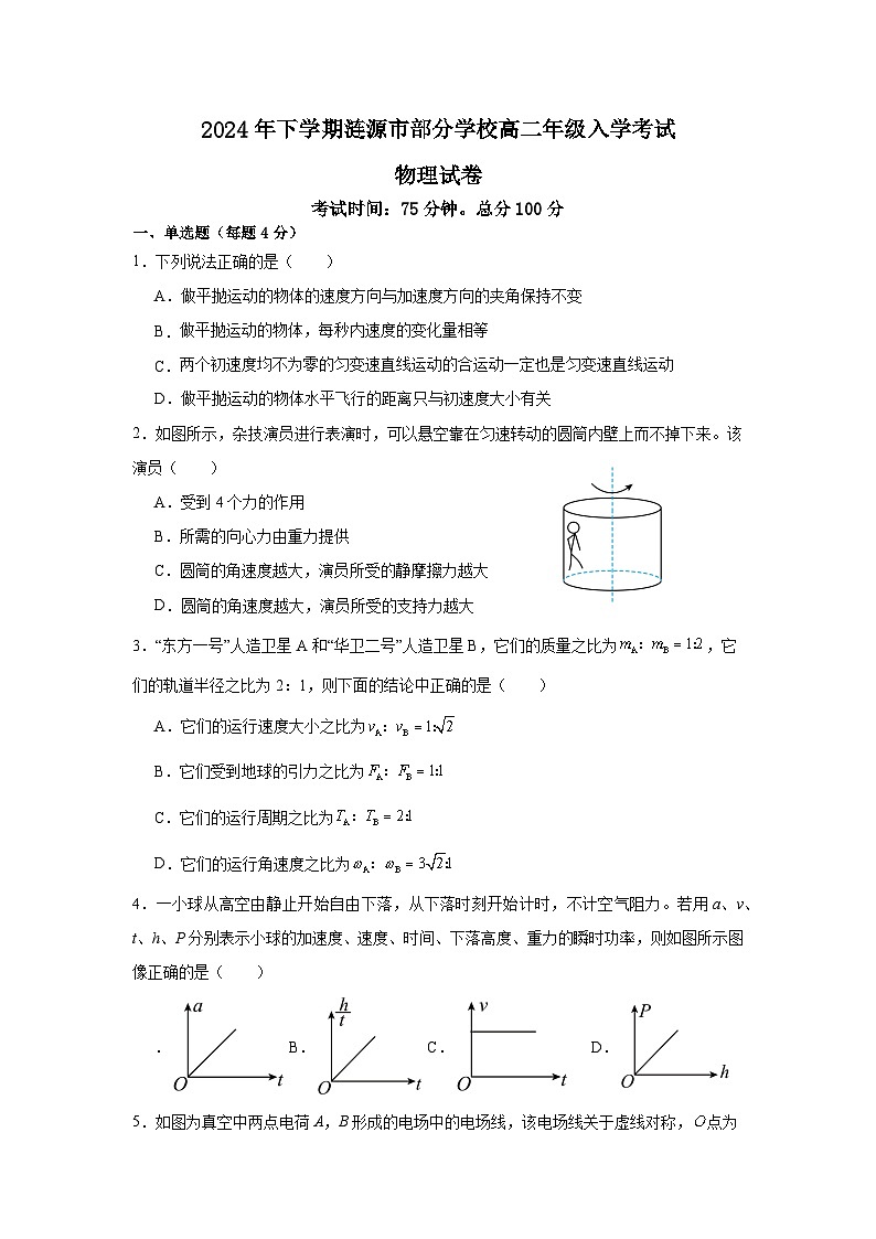 湖南省娄底市涟源市部分学校2024-2025学年高二上学期开学考试物理试题01