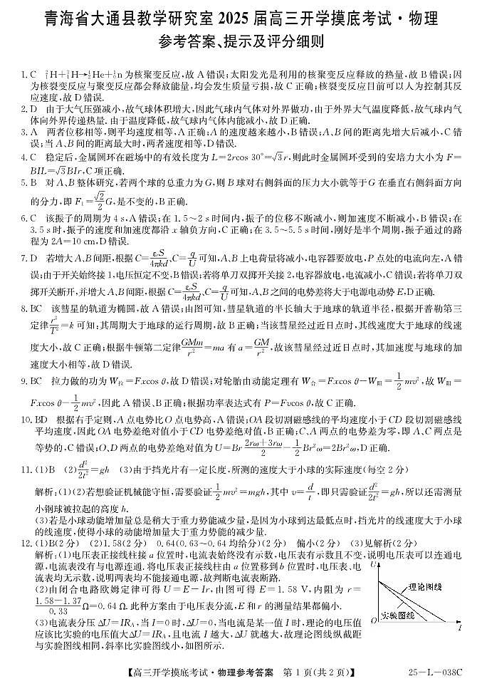 青海省西宁市大通回族土族自治县2024-2025学年高三上学期开学摸底考试（25-L-038C）物理01