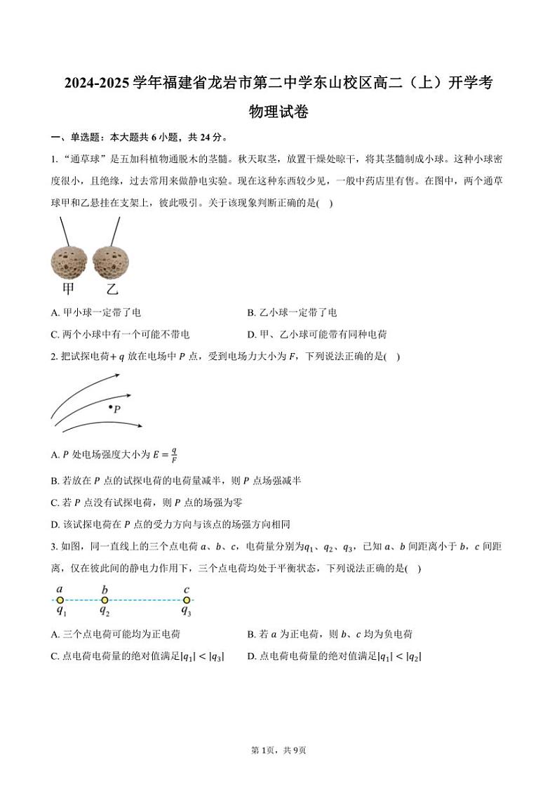 [物理]2024～2025学年福建省龙岩市第二中学东山校区高二(上)开学考试卷(有答案)第1页