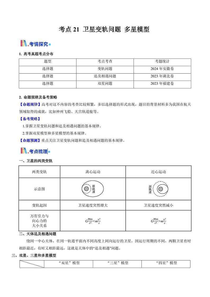 考点21 卫星变轨问题 多星模型 （核心考点精讲精练）（含答案） 备战2025年高考物理一轮复习考点帮（新高考通用）01