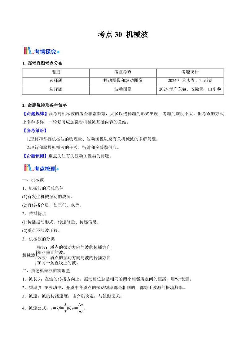考点30 机械波（核心考点精讲精练）（教师版） 备战2025年高考物理一轮复习考点帮（新高考通用）第1页