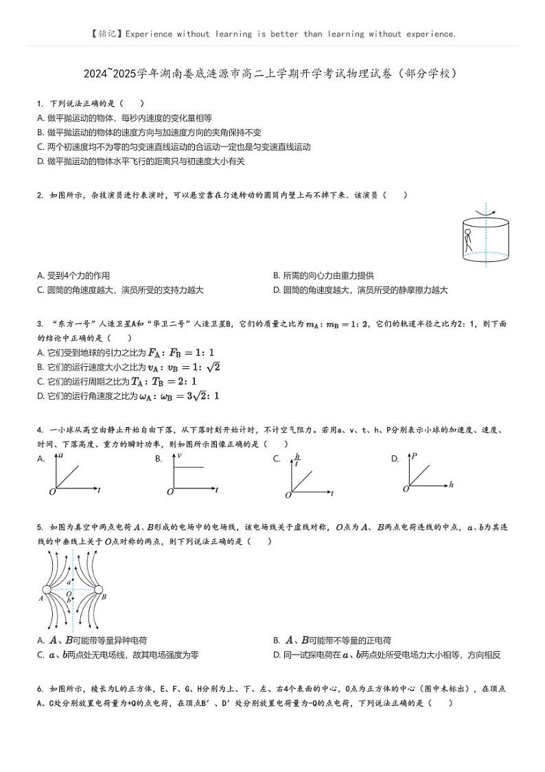 2024_2025学年湖南娄底涟源市高二上学期开学考试物理试卷（部分学校）原题版第1页