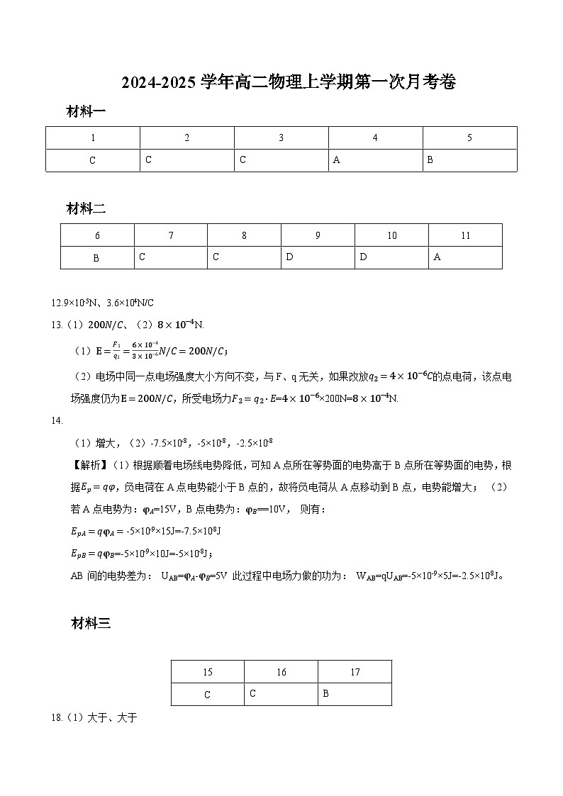 高二物理第一次月考卷（参考答案）（沪科版2020）第1页