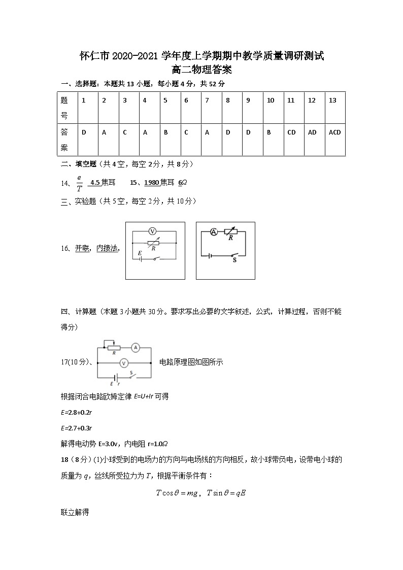 山西省怀仁市2020-2021学年高二上学期期中物理答案第1页