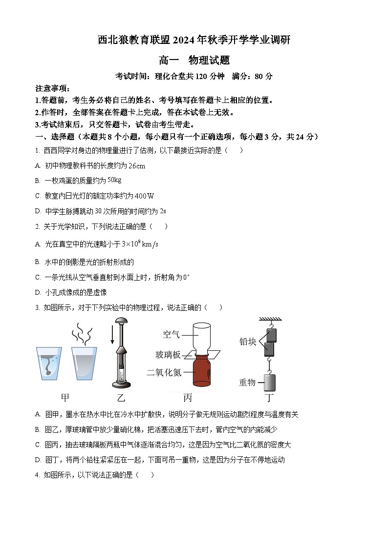 重庆市西北狼教育联盟2024-2025学年高一上学期入学考试物理试题 Word版无答案第1页