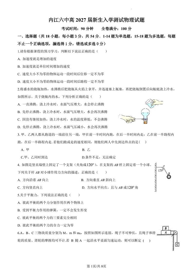 四川省内江市第六中学2024-2025学年高一上学期入学测试物理试题第1页