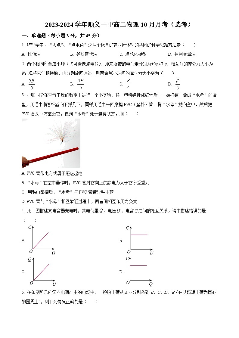北京市顺义区第一中学2023-2024学年高二上学期10月月考物理试题  Word版无答案第1页