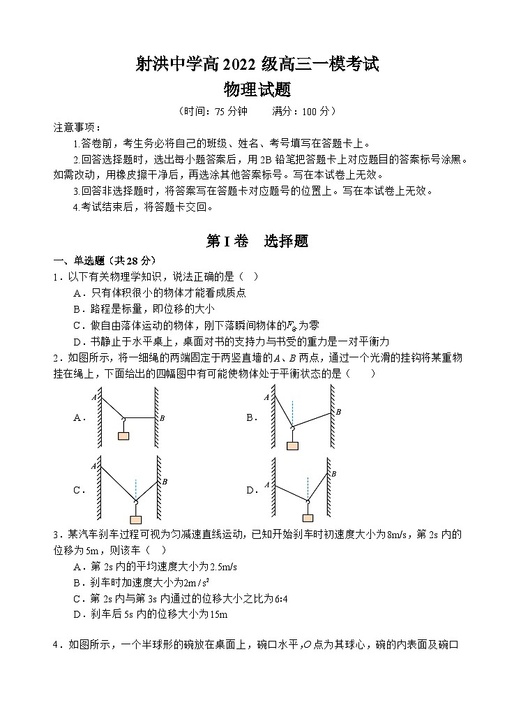 四川省遂宁市射洪中学2024-2025学年高三上学期一模物理试卷（Word版附答案）01