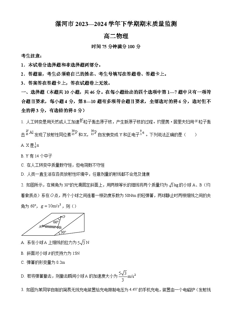 河南省漯河市2023-2024学年高二下学期期质量监测考试+物理试卷（含答案）01
