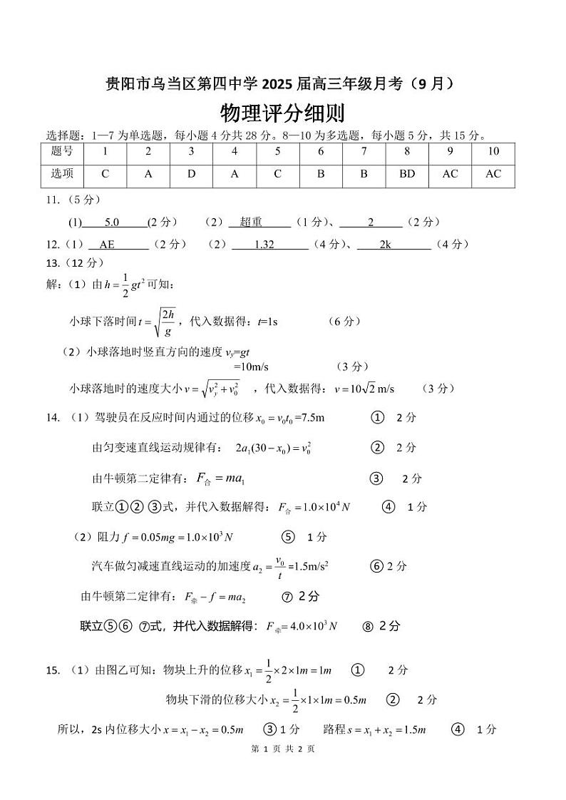 贵州省贵阳市乌当区第四中学2024-2025学年高三上学期9月月考物理试题01