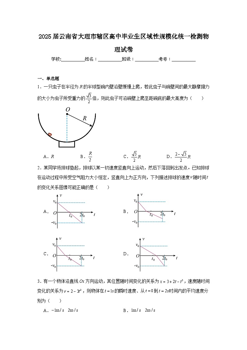 2025届云南省大理市辖区高中毕业生区域性规模化统一检测物理试卷第1页