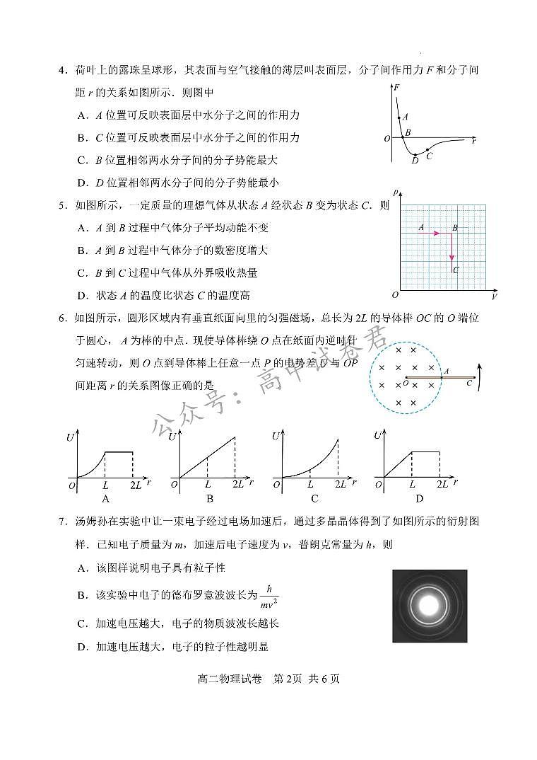 江苏省苏州市2023-2024学年高二年级下学期学业质量阳光指标调研卷暨6月期末考试+物理试卷第2页