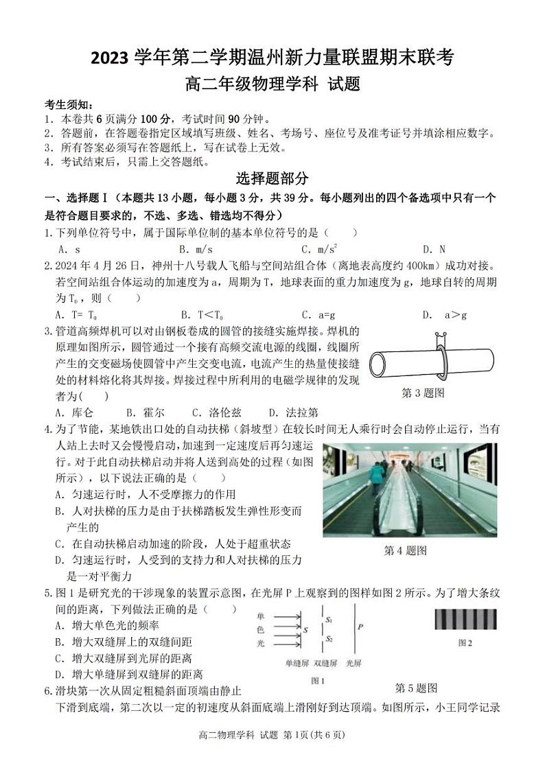 温州新力量联盟2023学年高二第二学期期末联考+物理试卷第1页