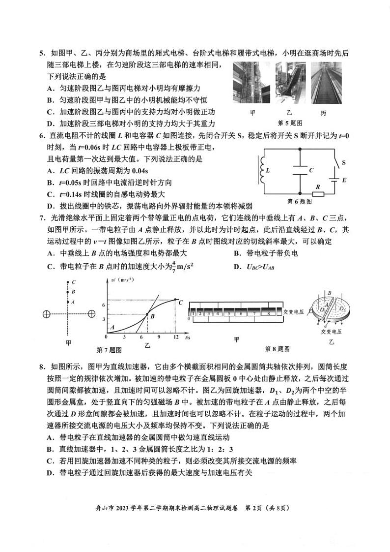 舟山市2023-2024学年高二第二学期期末检测+物理试卷第2页