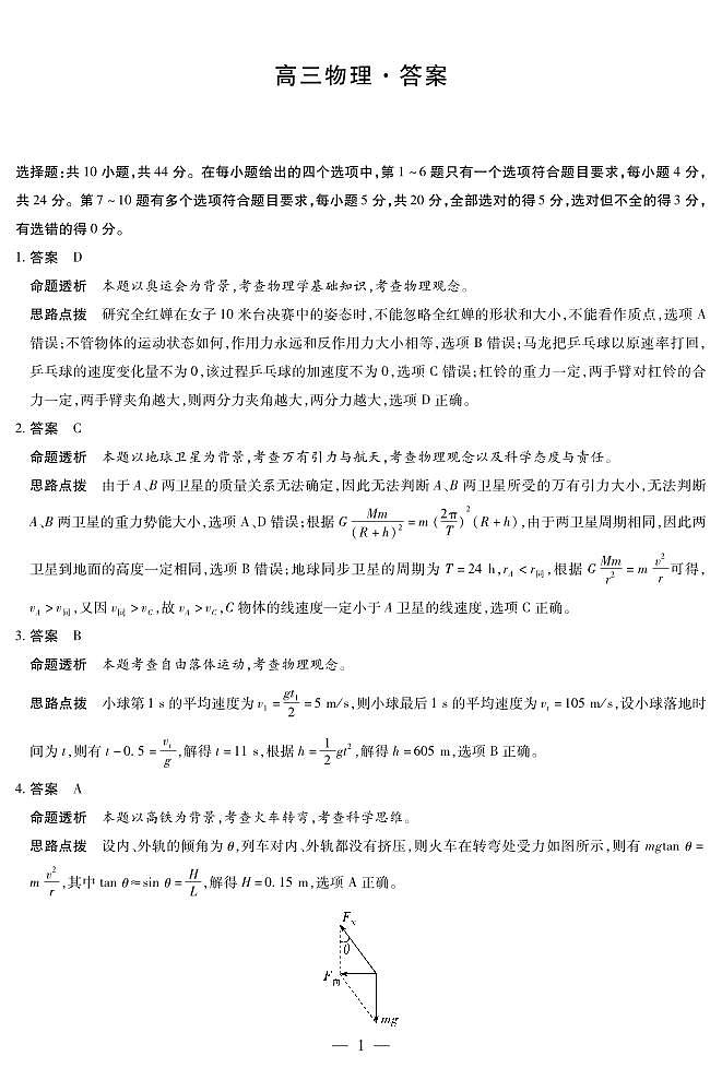 湖南省天一大联考2025届高三上学期第一次联考物理试题（扫描版附解析）01