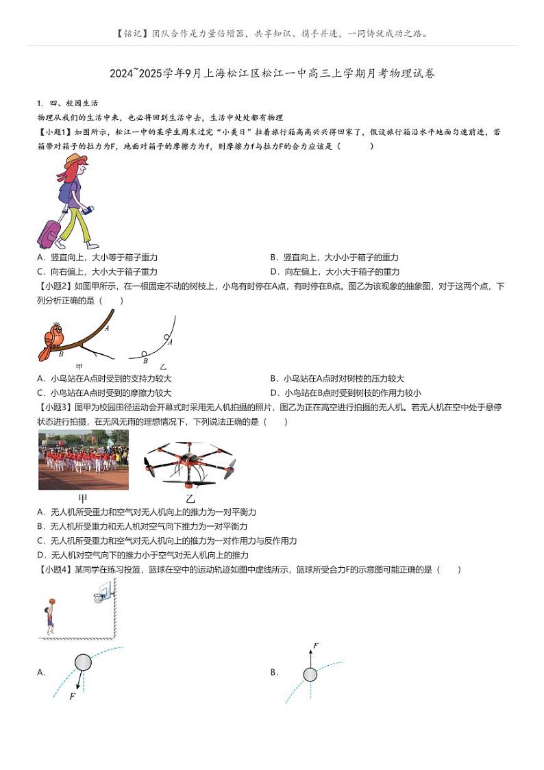 [物理]2024～2025学年9月上海松江区松江一中高三上学期月考试卷原题版第1页