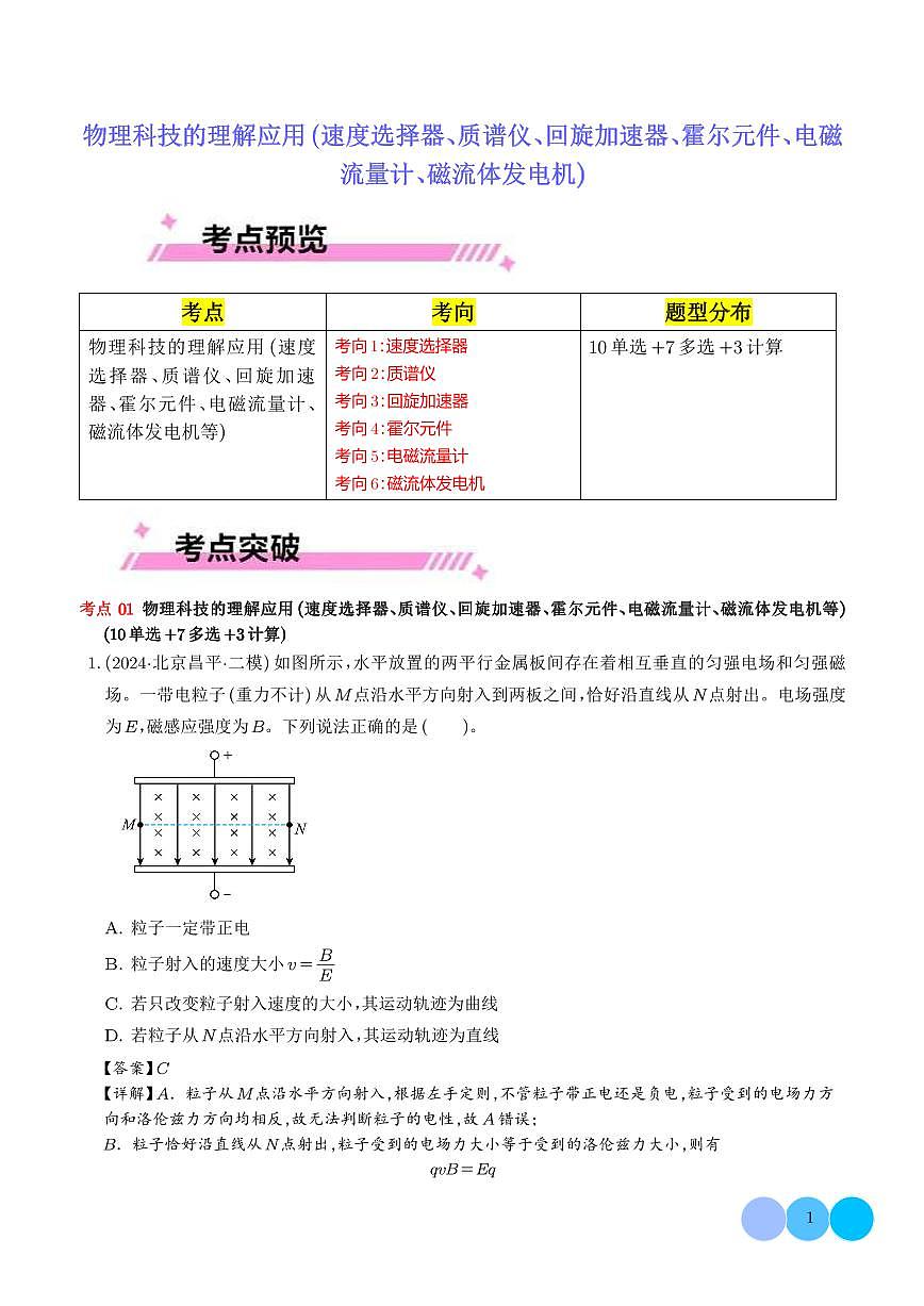 物理科技的理解应用（速度选择器、质谱仪、回旋加速器、霍尔元件、电磁流量计、磁流体发电机等）（解析版）第1页