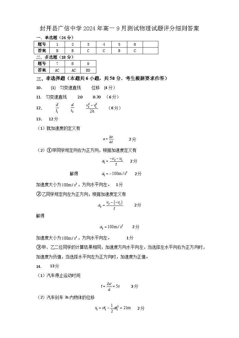 封开县广信中学2024年高一9月测试物理试题评分细则答案第1页