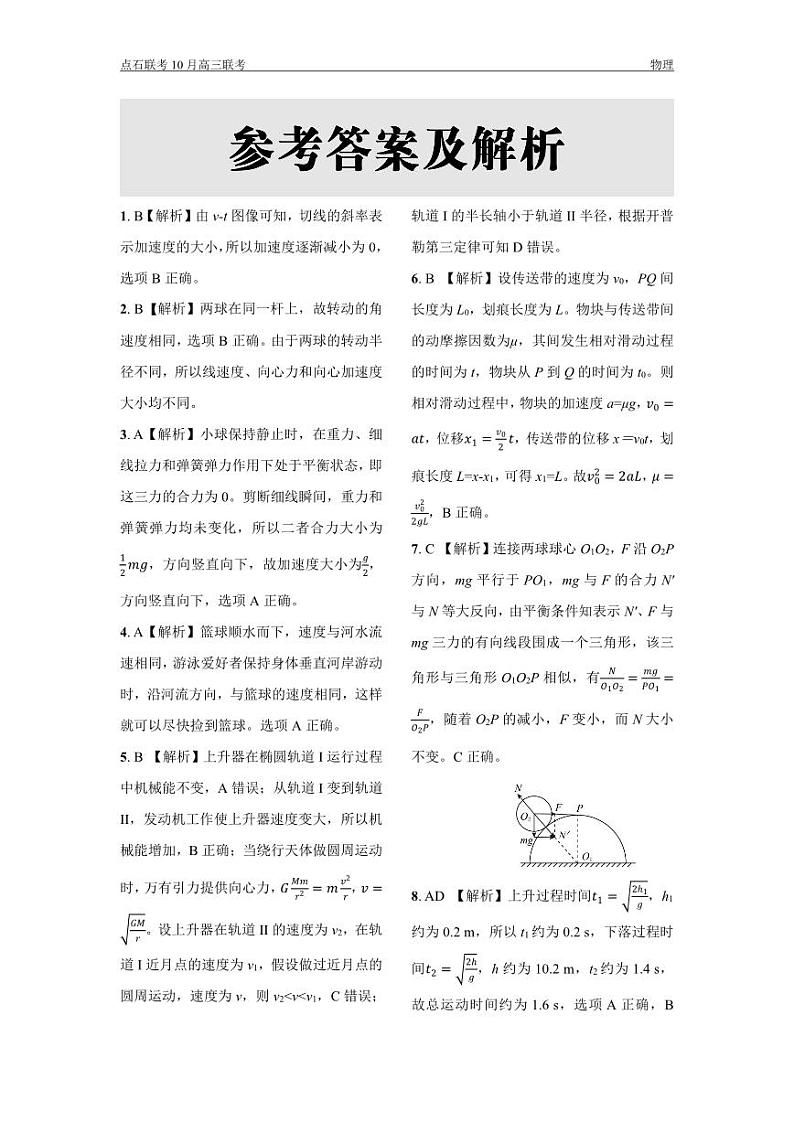 点石联考 高三10月联考 物理 答案第1页