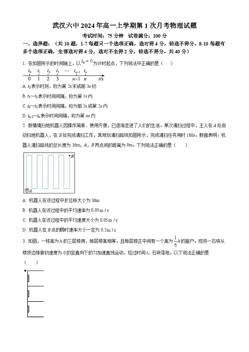 湖北省武汉市第六中学2024-2025学年高一上学期第一次月考物理试题 Word版无答案第1页