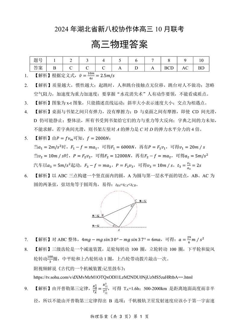 【预约】2024年湖北省新八校协作体高三10月联考-物理试题答案第1页