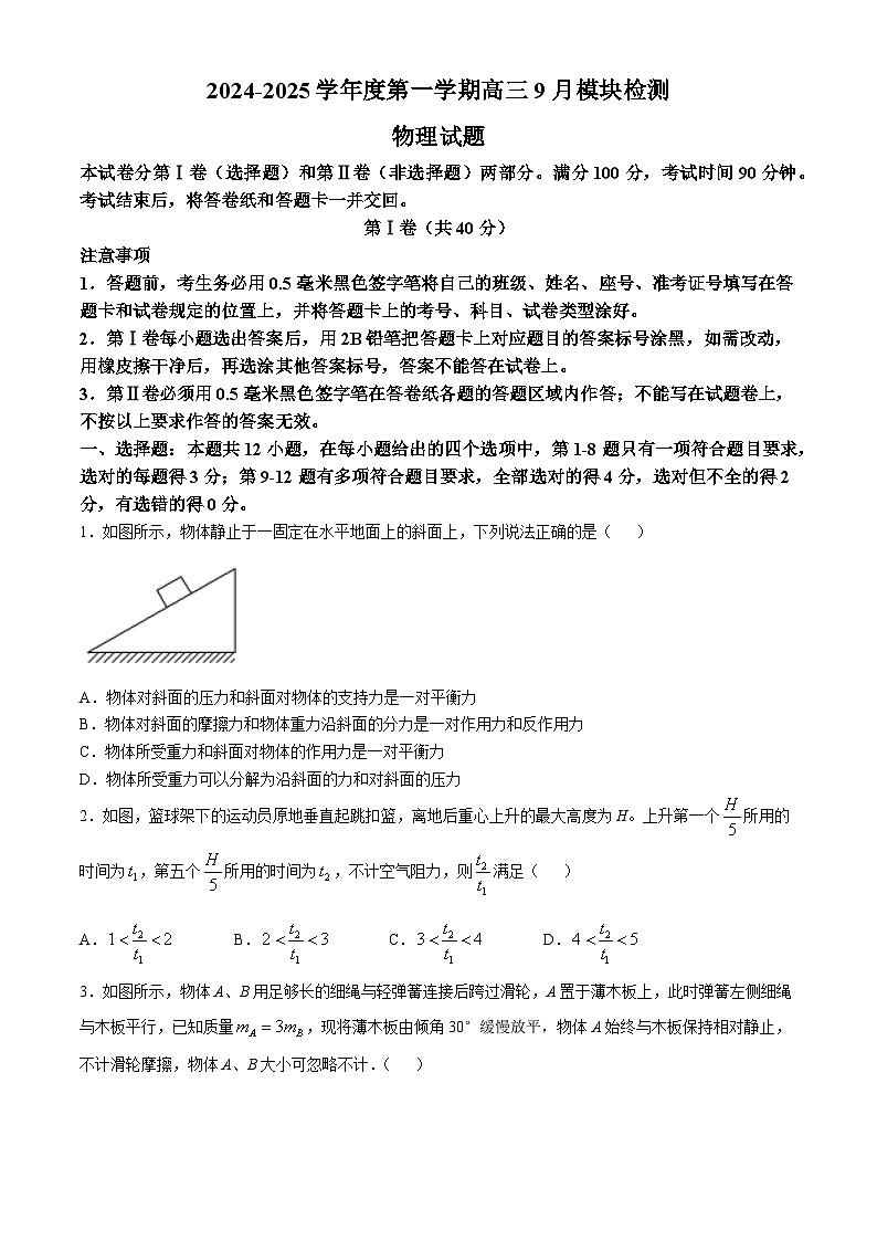 山东省威海市乳山市银滩高级中学2024-2025学年高三上学期9月月考物理试题(无答案)01