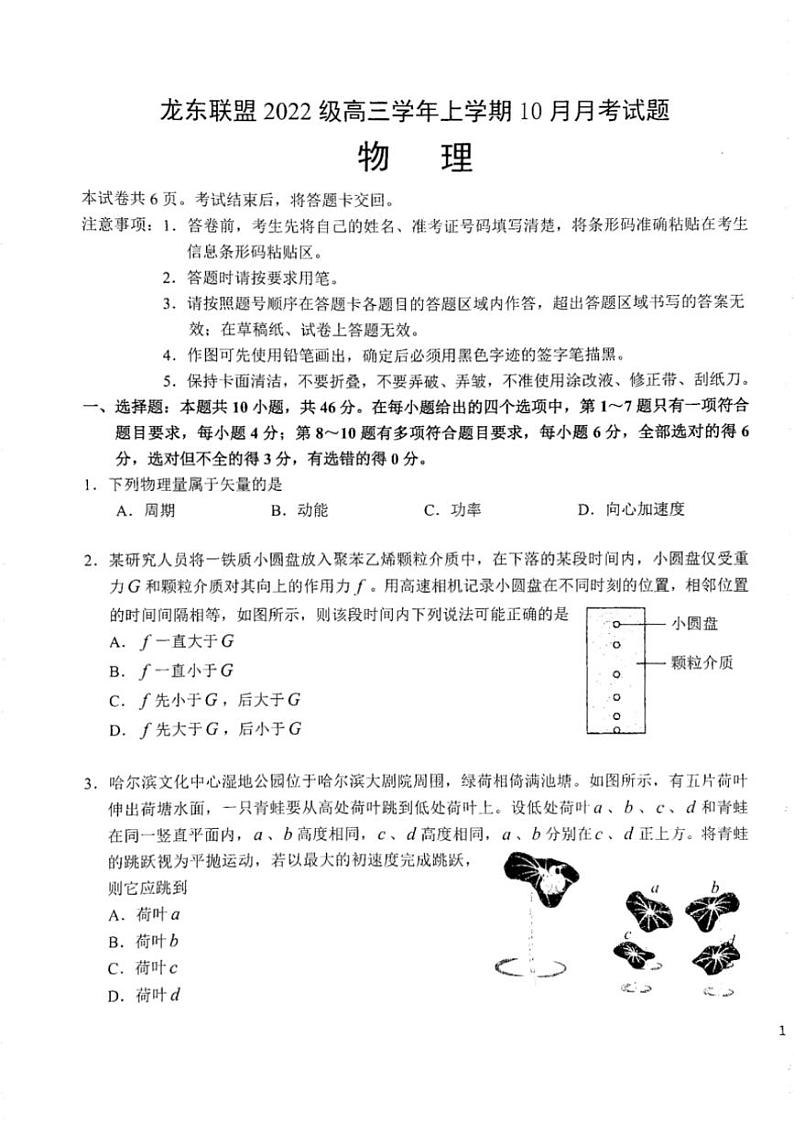 [物理]黑龙江省龙东联盟2024～2025学年高三上学期10月月考试卷(有答案)01