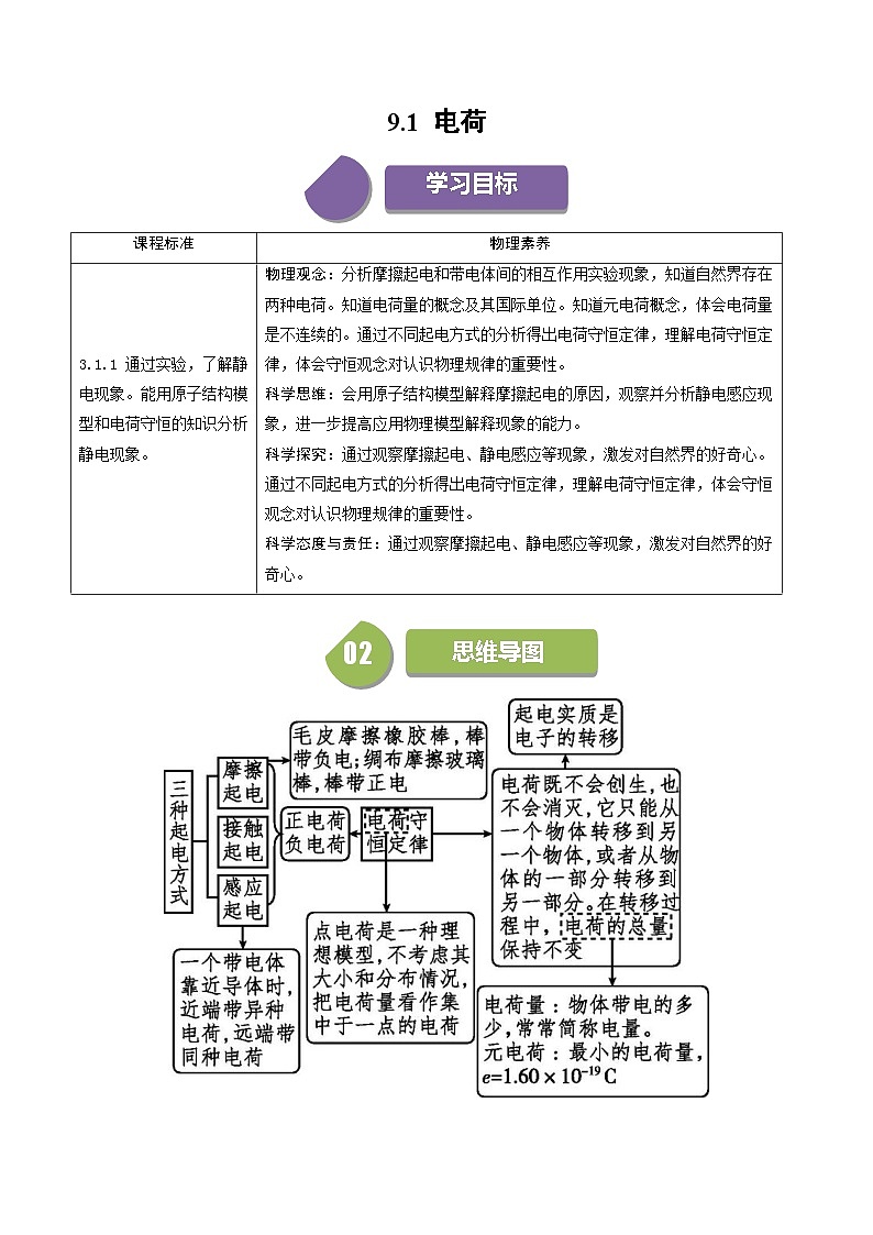 9.1 电荷 【练习】2024-2025学年高二物理 同步练（ 人教版2019必修第三册）（解析版）第1页