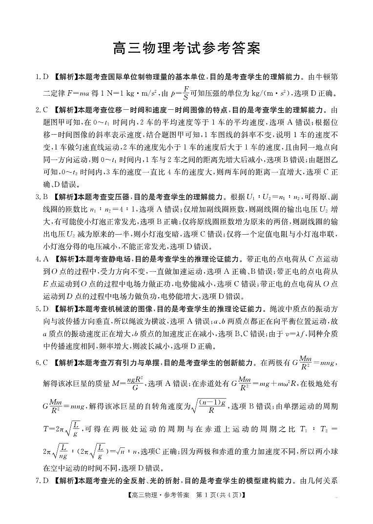 广西部分示范性高中2025届高三上学期摸底质检试卷+物理答案第1页