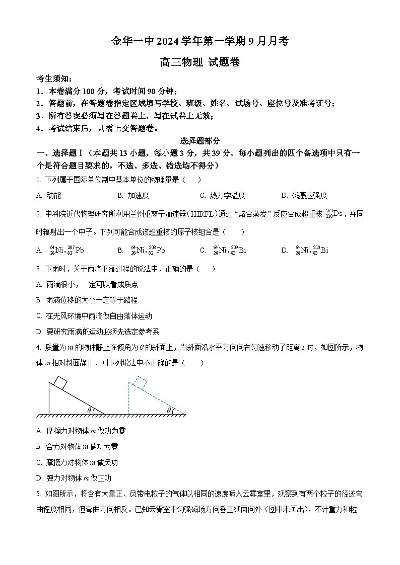 浙江省金华市第一中学2025届高三上学期9月月考物理试题 Word版无答案第1页