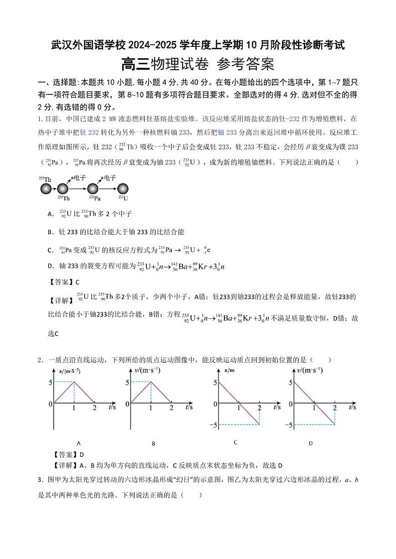 湖北武汉外国语学校2025届高三10月检测物理答案第1页
