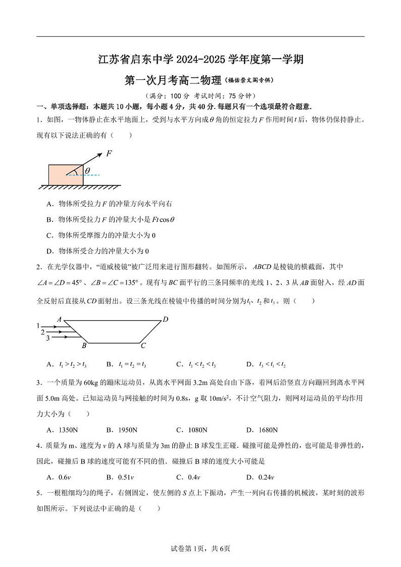 【福佑崇文阁】启东中学2024-2025高二第一次月考物理试卷原卷版第1页