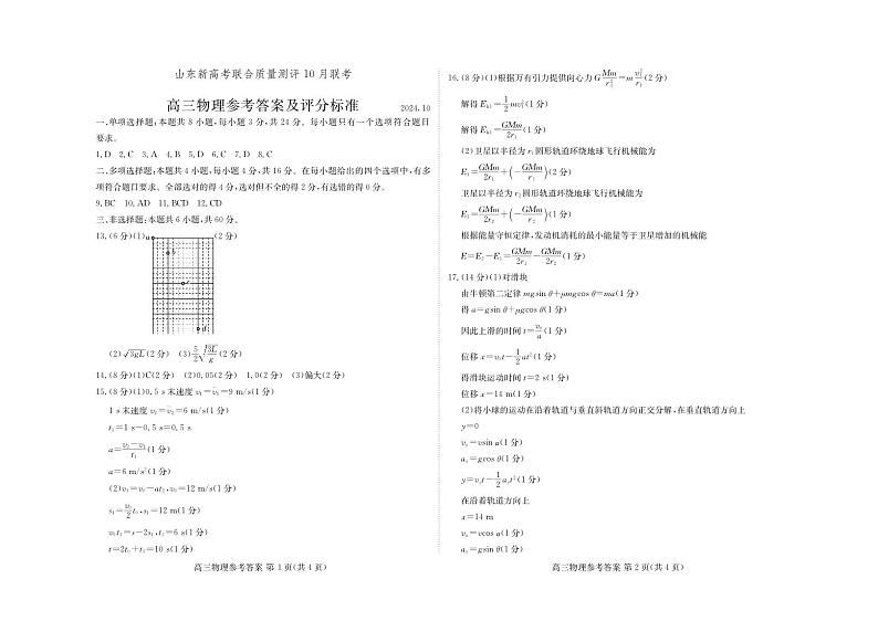山东新高考联合质量测评高三10月联考试题 物理答案第1页