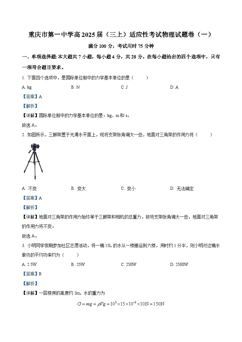 重庆市第一中学2024-2025学年高三上学期适应性考试物理试卷（一） Word版含解析第1页
