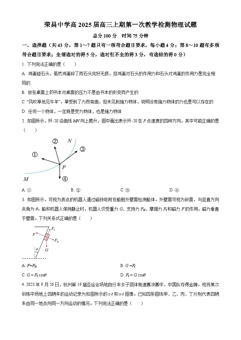 重庆市荣昌中学2024-2025学年高三上学期9月月考物理试题 Word版无答案第1页