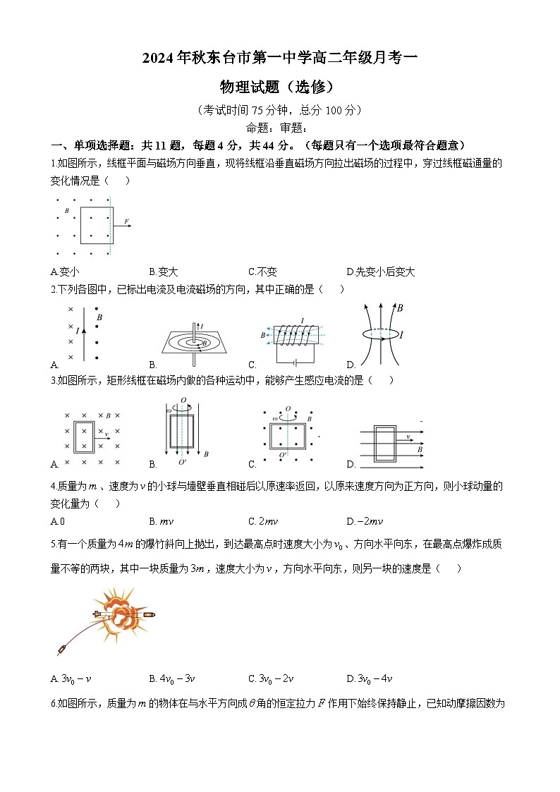 江苏省东台市第一中学2024-2025学年高二上学期10月月考物理试题(无答案)第1页