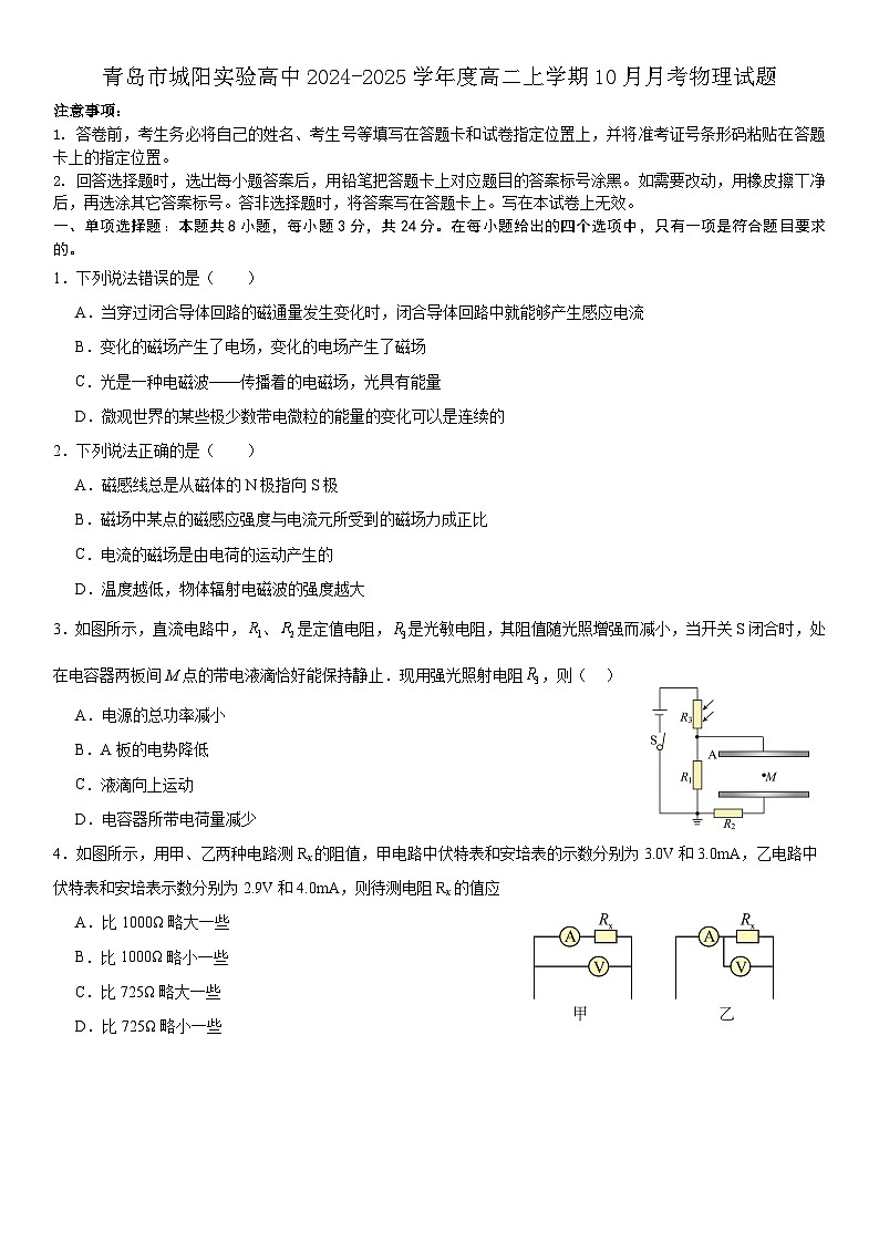 山东省青岛市城阳区实验高级中学2024-2025学年高二上学期10月月考物理试题第1页
