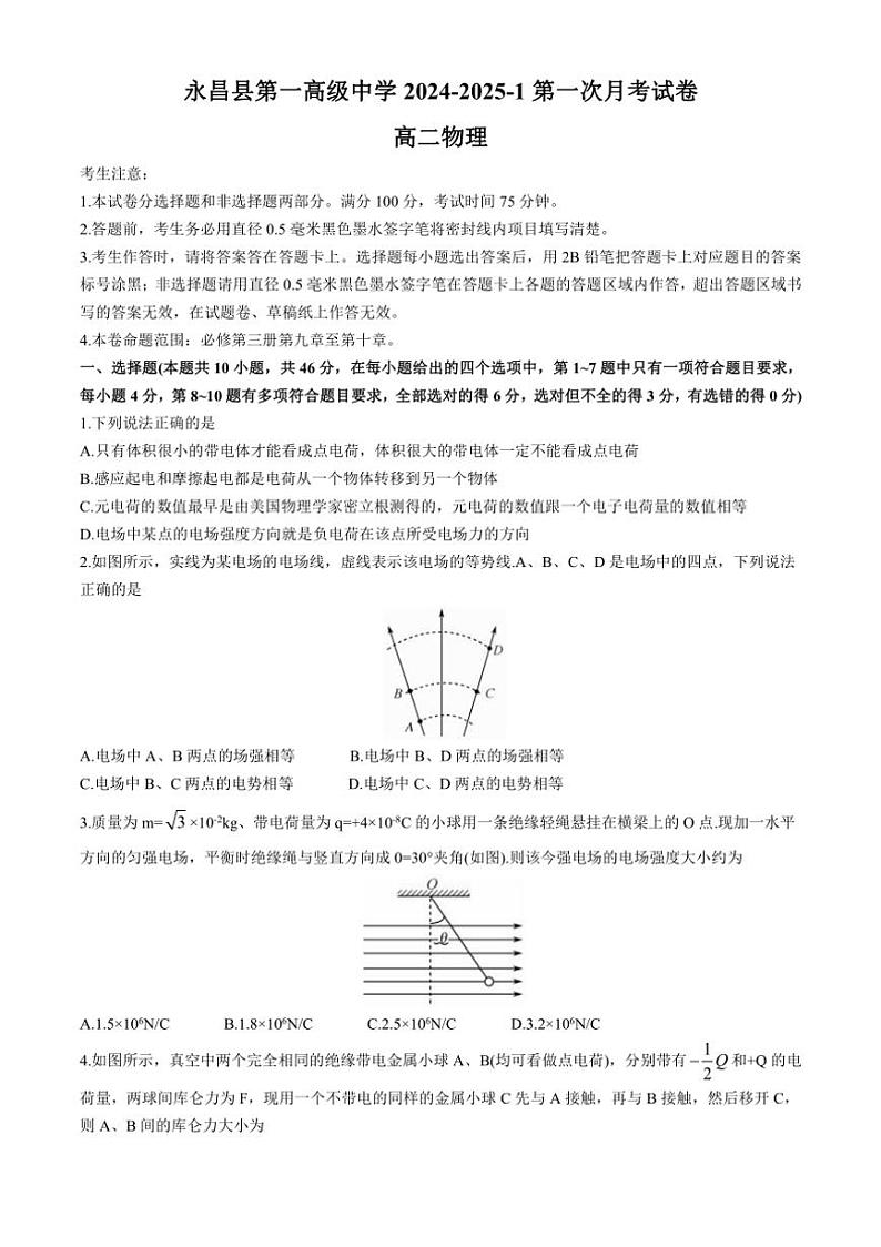 [物理]甘肃省金昌市永昌县第一高级中学2024～2025学年高二上学期第一次月考试卷(有解析)01