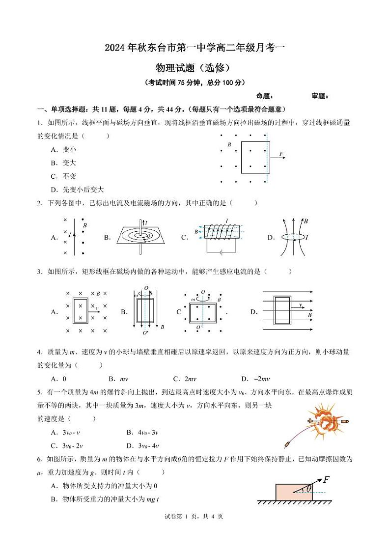 江苏省东台市第一中学2024-2025学年高二上学期10月月考物理试题第1页