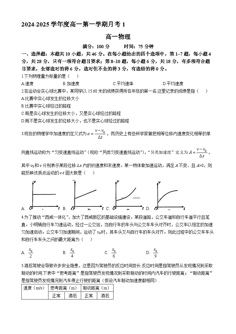 陕西省西安市西北工业大学附属中学2024-2025学年高一上学期月考物理试题(无答案)01