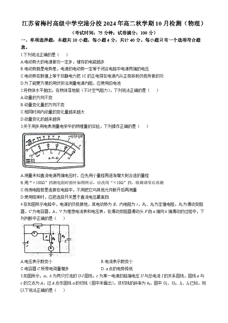 江苏省梅村高级中学空港校区2024-2025学年高二上学期10月检测物理试题(无答案)第1页