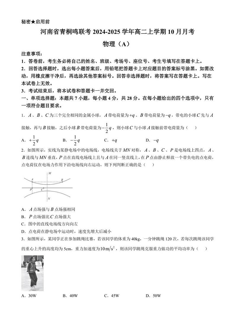 [物理]河南省青桐鸣联考2024～2025学年高二上学期10月月考试题(A)(有解析)第1页